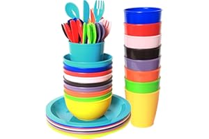 Youngever 54 pcs Plastic Kids Tableware, Re-usable Toddler Dinnerware Set, Dining Set, Cups, Kids Plates, Kids Bowls, Flatware Set, Kids Dishes Set (Rainbow)