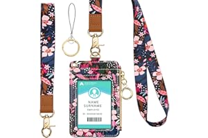 COCHIE Uchwyt na identyfikator na szyję, uchwyt na identyfikator ze skóry PU z zamkiem błyskawicznym na dowód osobisty i kartę studencką, kartę autobusową (różowy kwiat)