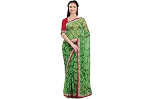 Jaanvi fashion Damen Chiffon Bandhani bedruckter Sari mit Spitze und Blusenteil mit ungenähter Bluse