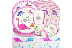 Doyomtoy Set Stoviglie 49 Pezzi Dinosaur Festa di Fornisce, Stoviglie di Compleanno Forniture Dinosaur Tema Piastra Tazza Tovaglia Decorazione di Forniture per Feste (16 Ospiti)