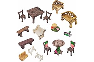 YOZIEMQ Miniature Garden Furniture Set - 14-Piece Resin Miniature Table and Chairs Set for Outdoor Decor, Adult DIY Craft Gift & Micro Landscape Decor Accessories (Village)