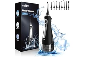 Sejoy Idropulsore Dentale Portatile Professionale, Idropulsore Dentale Waterpik da Viaggio, Pulizia Denti, 5 Modalità e 8 Ugelli di Ricambio con Rotazione di 360°, IPX7 Impermeabile, USB Ricaricabile
