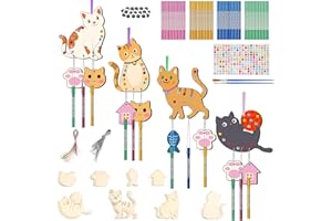 Collazoey Kits Bricolage 12 Pcs Chats Carillon à Vent en Bois, DIY Loisirs Créatifs pour Activité Manuelle Enfant, pour Cadeau, décoration extérieure