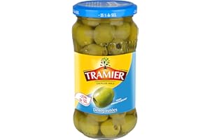 Tramier Olives Vertes Dénoyautées -25 % de Sel (1 x 160 g), olives de table provenant d'Espagne, olives dénoyautées idéales pour apéritifs et recettes