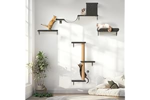 FUKUMARU Set Completo per Gatti da Parete, Parco Giochi Verticale Murale Multifunzionale, con Mensole, Amaca, Colonne Tiragraffi, Ponte e Piattaforma Relax, Design Salvaspazio, Grigio.