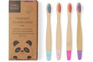 Wild & Stone | Cepillo De Dientes De Bambú Orgánico Para Niños | Paquete De 4 | Cerdas De Fibra Suave | Mango 100% Biodegradable | Sin BPA | Cepillos De Dientes Infantiles Veganos (Dulce)