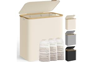 SONGMICS Wäschekorb mit Deckel, Wäschesammler mit 3 Fächern, 150 L, herausnehmbarer Wäschesack, Oxford-Gewebe, Griffe aus Bambus, zusammenklappbar, 60 x 38,5 x 70,5 cm, cremeweiß LCB515W01