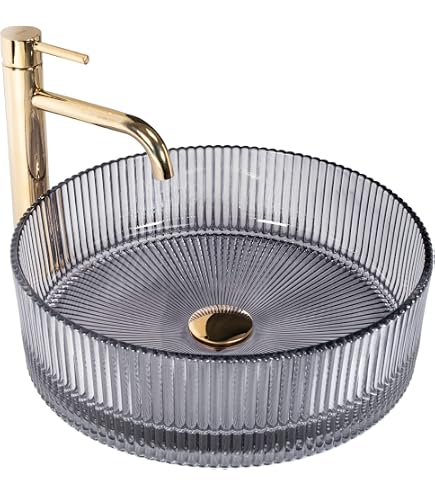 Rea Ceramic Bathroom Sink - Countertop Mount, White & Gold, Ø355mm X 135mm, Modern Round Basin-554311