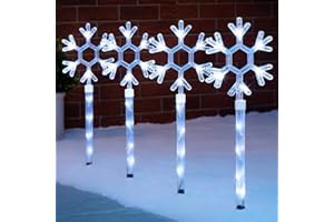 Christow Snowflake Path Lights, Outdoor Christmas Stake Decorations, Flashing White LED Pathway Decorations, Battery Operated with Timer (Set of 4 x 44cm)