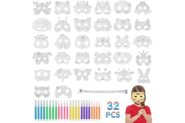 Masque Visage Enfant - 32 Pcs Animaux avec Corde Élastique, 24 Crayons de Couleur pour Aquarelle, Blanc à Décorer pour Anniversaire Jungle Party, Cosplay, Cadeaux
