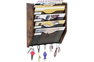 PAG-Mass 5 Tier Wall Hanging File Organiser With Hook,Metal Wooden Letter Rack A4 Paper Holder, Wall Mounted Document Storage Organizer For Office Home School,Brown