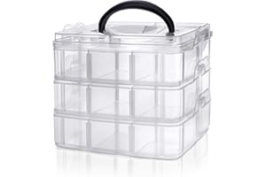 BELLE VOUS Kurtzy 3-Tier Craft Storage Box with 18 Compartments - Plastic Organiser Box for Medicine, Craft Supplies, Beads, Jewellery, Lego and Hair Accessories