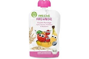 ‎FRECHE FREUNDE FRECHE FREUNDE Bio Quetschie Frucht-Porridge Apfel, Banane, Himbeere & Blaubeere, Fruchtmus mit Hafer & Reis im Quetschbeutel für Kinder & Babys ab 6 Monaten, 600 g 521823