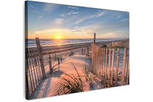 MuchoWow© Impression sur Toile Decoration Murale Peinture 90x60 cm Tableaux Decoratifs Muraux Déco Chambre Tableau Salon Dune - Coucher de soleil - Plage - Plantes - Mer