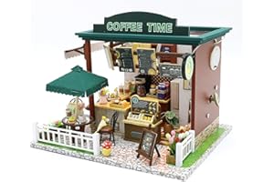QGKPL DIY Miniature Doll House Kit, with Dust Cover Build Cafe Dollhouse Building Set with LED Light, Mini House Making Kit with Furnitures Hobby Craft Gifts for Adults