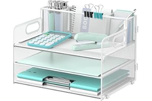 Suptidy Schreibtisch-Organizer mit 3 Etagen, mit Griff und 3 Stifthaltern, Netz-Papier-/Akten-Organizer für den Schreibtisch, Papier-Briefablage für Bürobedarf, Weiß