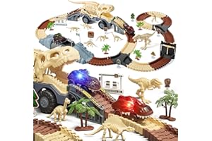 TUMAMA KIDS TUMAMA Dinosaure jouet piste, piste de course flexible pour enfants 3 4 5 6 ans, avec 7 chiffres de dinosaure, 2 lumières pour véhicules électriques - dinosaure monde de la route jeux pour enfants