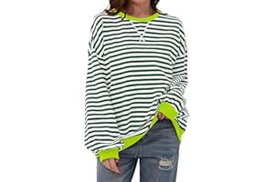 TERIVEEK Women's Cotton Blend Striped Color Block Long Sleeve Crew Neck Sweatshirt, Loose Fit for Spring, Summer and Autumn, Size S-XL, Green, Black, Brown, Burgundy, Pink