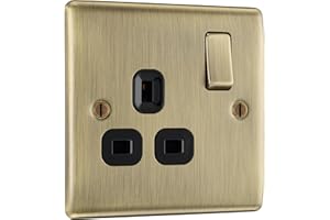 GEBURUN BG Electrical Single Switched Power Socket with Black Inserts, Antique Brass, 13 Amp