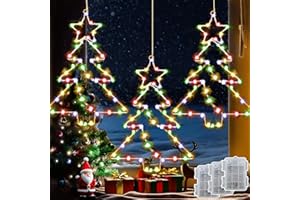 Joycome Luces Ventana Navidad 3 Piezas 55 LED Luce Árbol de Navidad a Pilas, Colgando Luces Árbol Navideña con Temporizador, Impermeable Luce Navideñas para Ventana Interior exterior - Multicolor