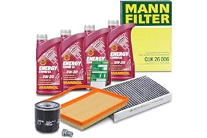 BESTPRICE Inspektionspaket Filterset mit 1x Ölfilter; 1x Luftfilter; 1x Innenraumfilter; 1x Ölwechselanhänger; 4X Motoröl 5W-30 MANNOL Energy Combi LL 1 l; 1x Ölablassschraube mit Dichtring