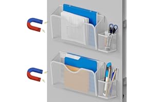 JANE EYRE Magnetic File Holder - 2pcs Hanging File Organizer Magazine Document Paper Holders with 2pcs Pen Holders for Classroom Cabinets Office,No Drilling(WHITE)