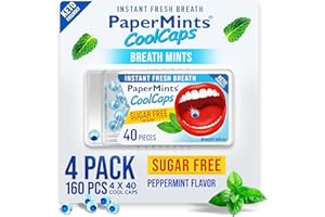 PaperMints CoolCaps Lot de 4 sachets de 160 capsules Instant Fresh Haleine Menthes sans sucre Traitement extrême de la mauvaise haleine pour adultes Perles désodorisantes pour traitement de l'halitose