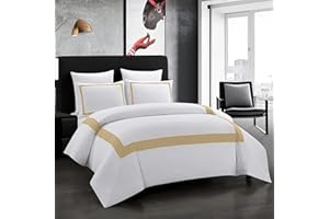 OSVINO Copripiumino Matrimoniale 240x220 cm e 2 Federe 50x75 Biancheria da Letto Bianco e Oro Microfibra Set Copripiumino Hotel Stripe Morbida Confortevole