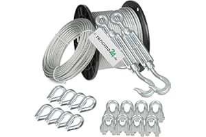 Renomo24 Drahtseil Set 5 - Stahlseil 10m 6mm 6x19 verzinkt, 2x Spannschloss Haken/Öse, 8x Bügelklemmen, 8x Kauschen
