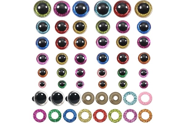 TOAOB 120pcs Yeux de Sécurité Ronds en Plastique de Poupée en Paillettes Nontissés 10 Couleurs 10mm 12mm 14mm 16mm 18mm 20mm avec Rondelles pour Marionnettes Animaux en Peluche