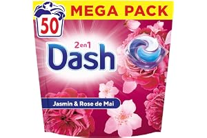 Dash 2en1 PODS, Lessive En Capsule, 50 Lavages, Parfum Jasmin et Rose de Mai, 3 Semaines De Fraîcheur* Avec L’Adoucissant Lenor, Fabriqué En France