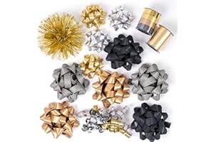 RUSPEPA Zestaw kokard prezentowych 14 szt. - 10 wielokolorowych kokardek prezentowych (czarny, złoty, srebrny, stare złoto), 2 marszczone wstążki, 1 kręcona kokardka, 1 kokardka z kokardką, idealna na Boże Narodzenie i imprezę