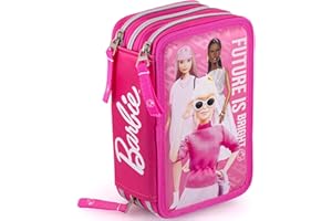 Clondo Trousse Triple Remplie pour Fille, pour Barbie Fans, 45 Accessoires Scolaires, 3 Fermetures Éclair, Compartiments Organisés, Crayons de Couleur, Feutres, Colle, Ciseaux