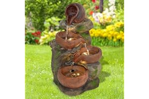 AMUR Gartenbrunnen Brunnen Zierbrunnen Zimmerbrunnen Springbrunnen Brunnen 230V Wasserfall Wasserspiel für Garten, Gartenteich (4-TONKRÜGE IM BAUMFELS)