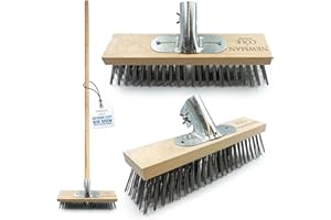 Newman and Cole Wire Broom Head and Handle - 12" Stiff Metal Bristle Deck Scrub Brush for Heavy Duty Removal of Weed Moss & Algae on Patio (Head and Handle)