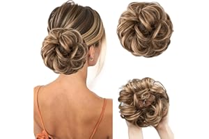 Mtuihfo Messy Bun Hair Piece, Wavy Curly Messy Bun Scrunchie, Thick Tousled Hair Pieces for Women Girl(Gradient Gold）