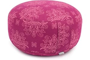 Bodhi Meditationskissen RONDO | Abnehmbarer Bezug aus 100% Baumwolle | Bio-Dinkelfüllung | Höhe 14-20 cm | Praktische Trageschlaufe | Maharaja Collection (Lotus/berry)