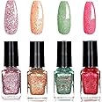 Glitter Nail Polish Set - Nail Varnish Quick Dry - Shiny Sparkly Glitter Nail Polish Set - Pink Gold Red Green 4 Colours Nail Art Manicure Varnish Set