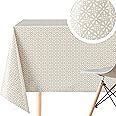 Wipe Clean Tablecloth - Rectangle 200x140cm | 78x55in For Rectangular Tables Up To 6 Seats - Hard-Wearing Wipeable Vinyl PVC Kitchen Table Cloth Oilcloth In Beige And White Retro Flower Pattern