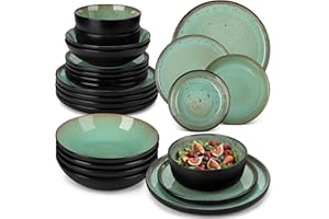vancasso Amber 24 Pieces Dinner Set for 6, Reactive Glaze Stoneware Plates and Bowls Set, Green Crockery Set with Dinner Plates, Dessert Plates, Soup Bowls & Cereal Bowls, Microwave & Dishwasher Safe