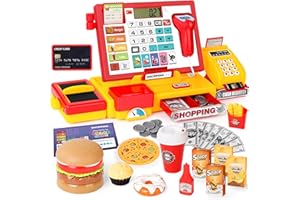 MAYSIDA Juguetes de Caja Registradora Que Simulan Tiendas de Juegos Ofrecen Hamburguesas de Comida Rápida / Música / Escáneres / Tarjetas de Crédito / Micrófonos para Niños y Niñas Pequeños