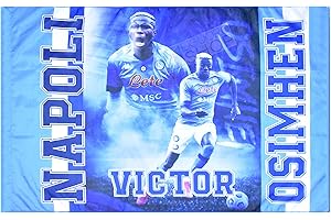 LIGUORO SHOP Bandiera Del Napoli 3° Scudetto Victor Osimhen Cm 94x140 Calcio Tifosi Azzurri Campione D'Italia Tricolore