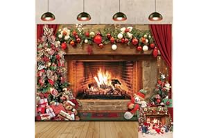 TENCOW Fond de cheminée de Noël rétro Arbre de Noël Rouge Cadeau Photographie Fond Joyeux Noël Famille Vacances Photo Fond 240 x 180 cm