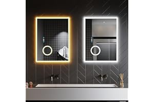 SONNI Lustro łazienkowe z oświetleniem LED, zimna biel, 6400 K, przełącznik dotykowy, 3-krotne powiększenie, zegar, temperatura, 80 x 60 cm, wielofunkcyjne lustro ścienne