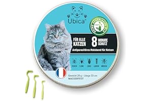 Ubica® Zeckenhalsband für Katzen - Flohhalsband Katze - Zeckenschutz - Flohmittel Katzen - Formel mit ätherischen Ölen (Zitronengras) - 100% WASSERDICHT 3 Zeckenklammern Gratis