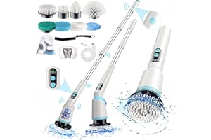 KIMEETOL Cordless Electric Spin Scrubber with Remote Control Handle, 2024 New IPX7 Waterproof Cleaning Brush with 8 Replaceable Brush Heads and,Power Scrubber for Cleaning Bathroom, Shower, Tub, Floor(White)