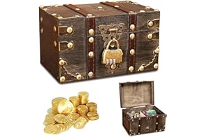 Forhandy Drewniana skrzynia na skarby, do przechowywania w stylu vintage, drewniana skrzynia z zamkiem, skrzynia skarbów dla dzieci, do przechowywania, na urodziny dziecka, dekoracja, prezent