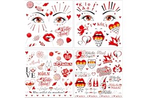 ‎HOWAF HOWAF 4 Bogen Gesichtstattoo Karneval Köln Accessoires, Face Tattoo Kölle Alaaf, Köln Tattoos Karneval Aufkleber Gesicht Karneval für Karneval Kostüm Köln, Fasching Kostüm, Rot Weiss