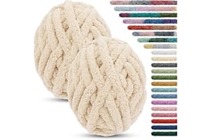 LEREATI 2 x 25.6m Pelote Laine Grosse Maille 2cm Fil Laine Chenille Crochet Grosse Laine à Tricoter à la Main Laine Velours pour Couvertures Lit pour Animaux Écharpes Chapeaux (Beige)