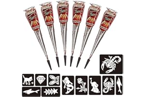 ‎NATURIC Naturic 6x Henna Tattoo Kirsch Rot, Temporäre Tattoo + 11x Henna Tattoo Schablone, Temporäre Mehndi Tattoos, Natürliche Kegel, Tattoo sticker, Temporäre Tätowierung Kirsch Rot